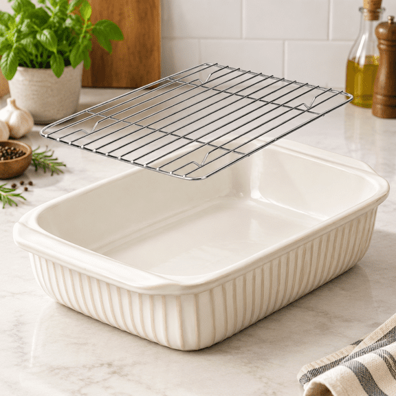 Baking Dish 5.1 Quarts Casserole Dishes For Oven Pan With Handles Lasagna Deep Large Rectangular Ceramic Bakeware (white Rack)