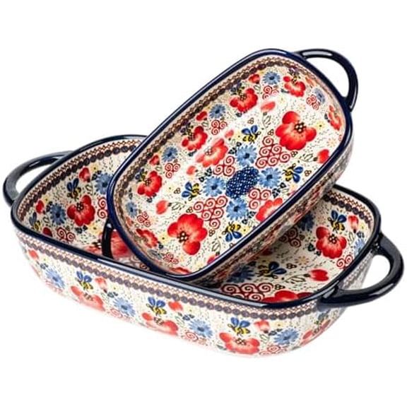 Baking Dish Ceramic Baking Pan Blue Casserole Dish Porcelain rectangular Baking Set 2pcs Bakeware Sets Single Serving Size Lasagna Pan Baking Dishes for oven(Honey Flower)