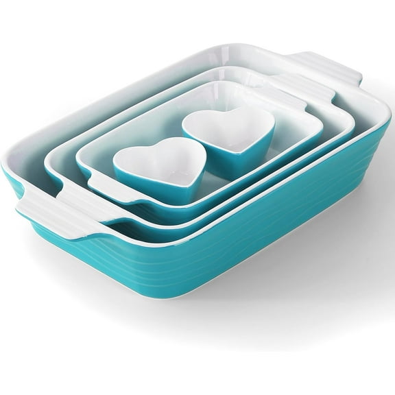 Baking Dish for Oven Casserole Dishes Bakeware Set With Ramekin Ceramic Lasagna Pan 9×12.8 Inch Large Deep Baking Dishes Rectangular Non-Stick Baking Pans for Kitchen Baking and Roasting Turquoise