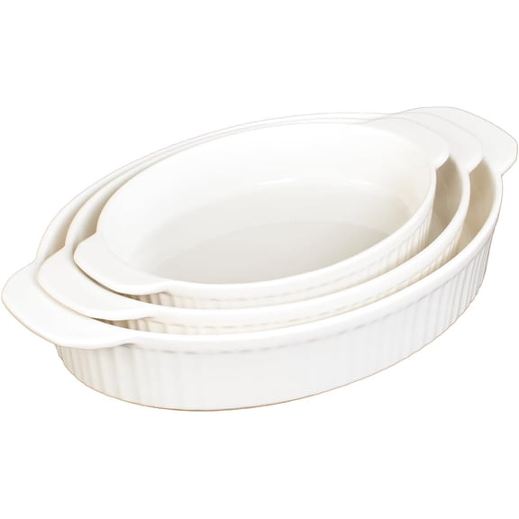 Baking Dish Set, 3pc - Oval Stoneware Casserole Dishes for Oven and Microwave - Nesting Bakeware Set with Handles (11.5'', 10'', and 8.5''), Dishwasher Safe
