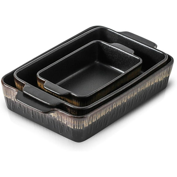 Baking Dish Set, Rectangular Ceramic Casserole Pans, 9 x 13 Inches, 3-Piece, Rough Black Stripe Design
