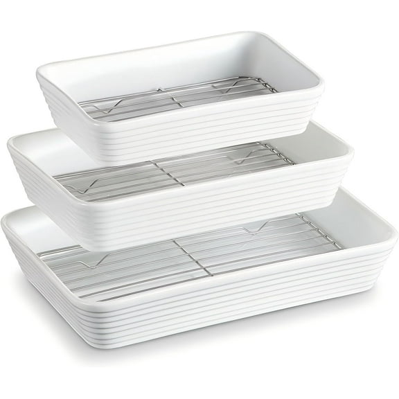Baking Dishes for Oven, Large Casserole Dishes for Oven with Roasting Racks, Rectangular Ceramic Baking Dish Set of 3 for Cooking & Serving, Handleless Deep Dish Lasagna Pan (3QT/2.1QT/1.3QT)