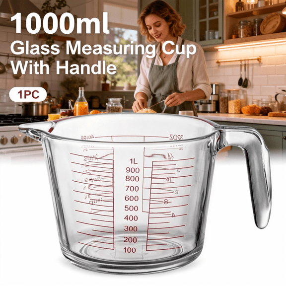 Baking Essential Measuring Cup - 1000ml Heatproof Borosilicate Glass Jug with Handle,Precise Ml Oz Marks,Microwave Oven Safe,Large Capacity for Cooking Mixing
