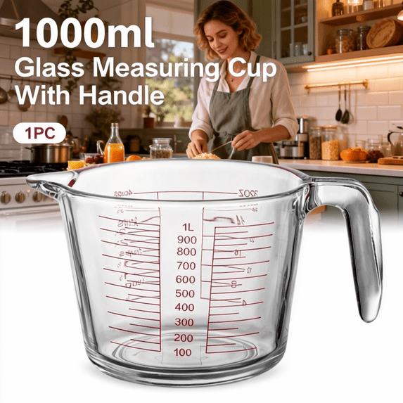 Baking Essential Measuring Cup - 1000ml Heatproof Borosilicate Glass Jug with Handle,Precise Ml Oz Marks,Microwave Oven Safe,Large Capacity for Cooking Mixing