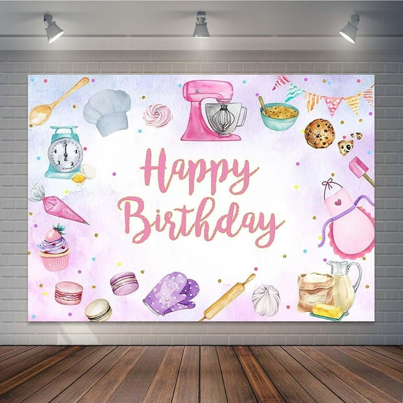 Baking Happy Birthday Party Backdrop for Girls Colorful Macaroon Coking Theme Party Background Chef Cake Cupcakes Kitchen Birthday Party Decorations Banner Cake Table Photo Booth Props