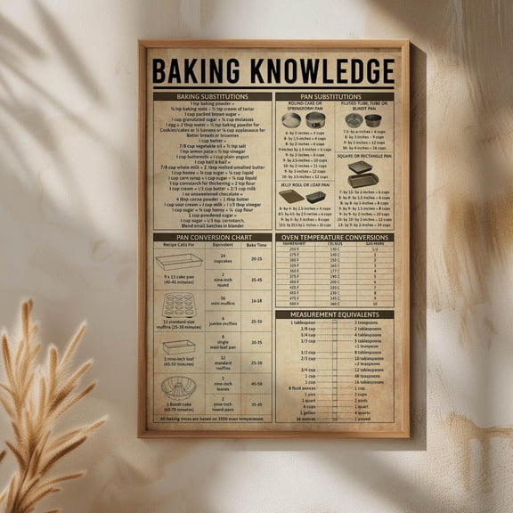 Baking Knowledge Poster, Kitchen Conversion Chart Print, Unframed Paper Poster 8x10in