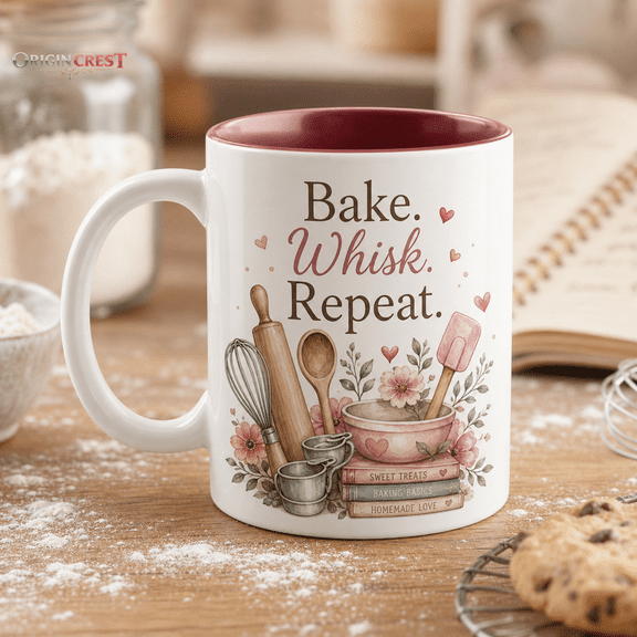 Baking Lover Personalized Mug, Bake Whisk Repeat Gift for Bakers
