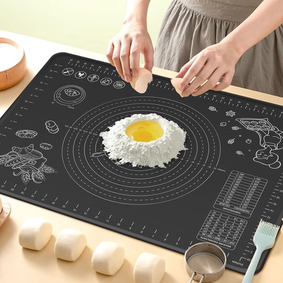 Baking Mat 28" x 20" Extra Thickness Dough Rolling Mat with Measurements and Heightening, Non-stick Grade Pastry Mat for Pastry, Bread, Cookies, Pizza, Fondant, Pasta-Black