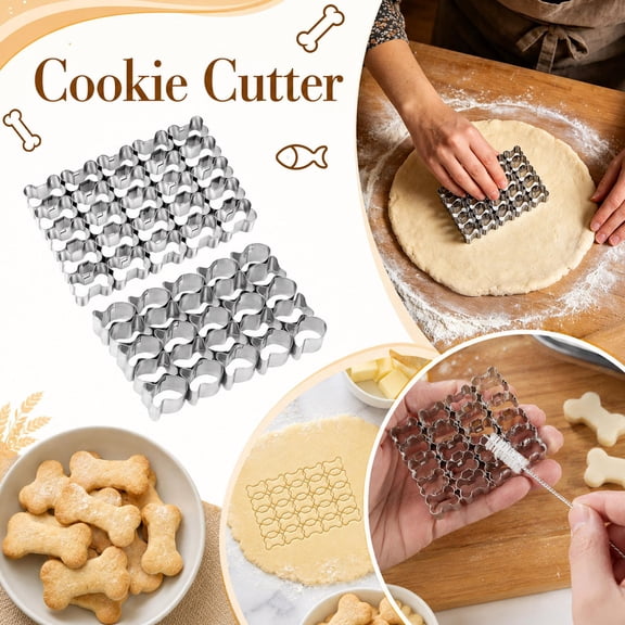 Baking Molds, Stainless Steel 25 Cavity Mini Fish Bone Shape Metal Biscuit Cutter, 4.5X3 Inch Connected Multi-Print Cookie Press Embossing Cutter for Baking, Heavy Duty Metal