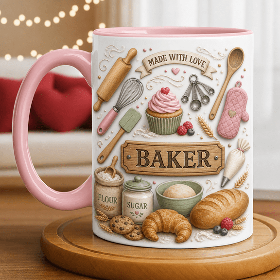 Baking Mug 3D Effect Baker Gift, Made With Love Cup for Coffee or Tea