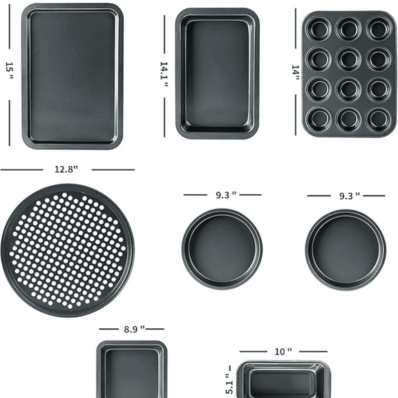Baking Pan 8 Piece Set Nonstick Carbon Steel Gray Oven Safe Bakeware Kitchen Set, Cookie Sheet, 2 Round Cake Pans, Square Pan, Loaf Pan, Deep Dish Pan, Pizza Crisper, & 12 Cup Muffin Pan