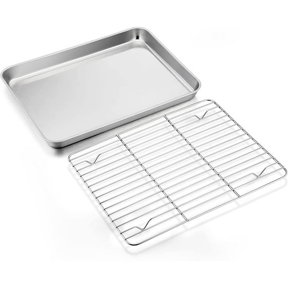 Baking Pan with Rack Set ,Yayun Stainless Steel Toaster Oven Tray & Cooling Grid Rack, Cookie Pans for Roasting Grilling, Non- Toxic & Dishwasher Safe (1 Pans + 1 Racks),Size 10 x 8 x 1 Inch
