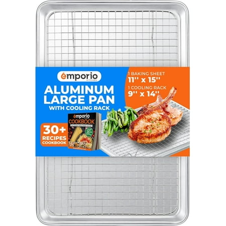 Baking Pan Set - 10.5" x 15" Aluminum Baking Pan with Stainless Steel Cooling Rack Set, Recipe Booklet Included, Oven Safe, Resist Heat Up to 500° F, Set of 2