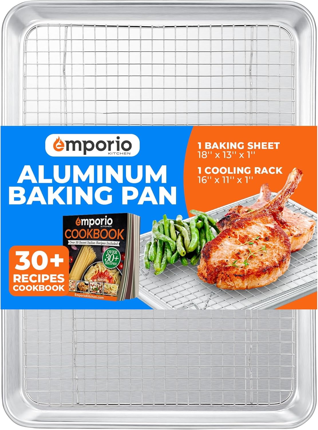 Baking Pan Set - 13" x 18" Aluminum Baking Pan with Stainless Steel Cooling Rack Set, Recipe Booklet Included, Oven Safe Tray, Resist Heat Up to 500° F, Set of 2