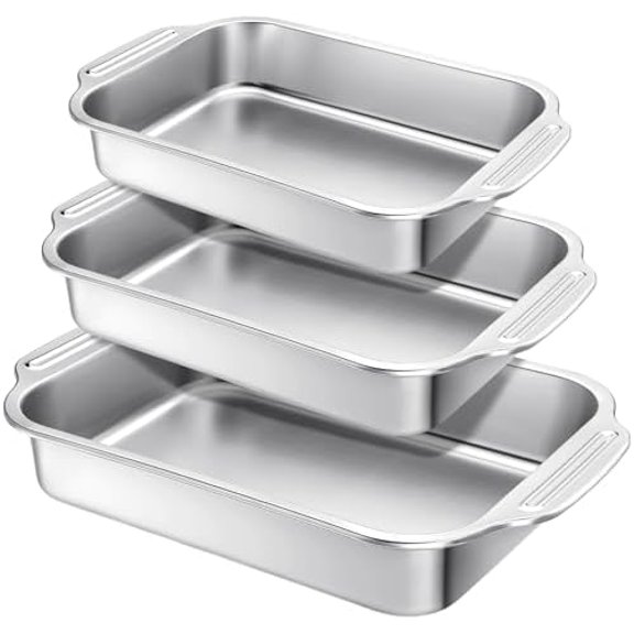 Baking Pan Set of 3 Stainless Steel Cake Pan 12/14/15 Inch Rectangle Baking Pan Bakeware for Fish Cakes Breads Lasagna Casseroles Vegetables Dishwasher$$Home Decor, Kitchen, & Other