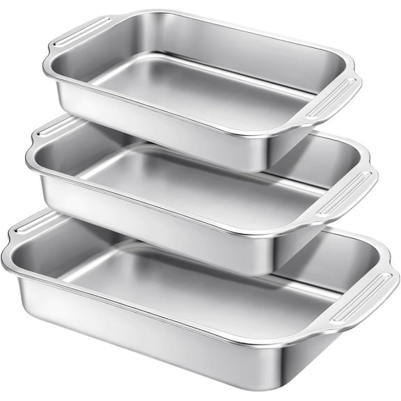 Baking Pan Set of 3 Stainless Steel Cake Pan 12/14/15 Inch Rectangle Baking Pan Bakeware for Fish Cakes Breads Lasagna Casseroles Vegetables Dishwasher