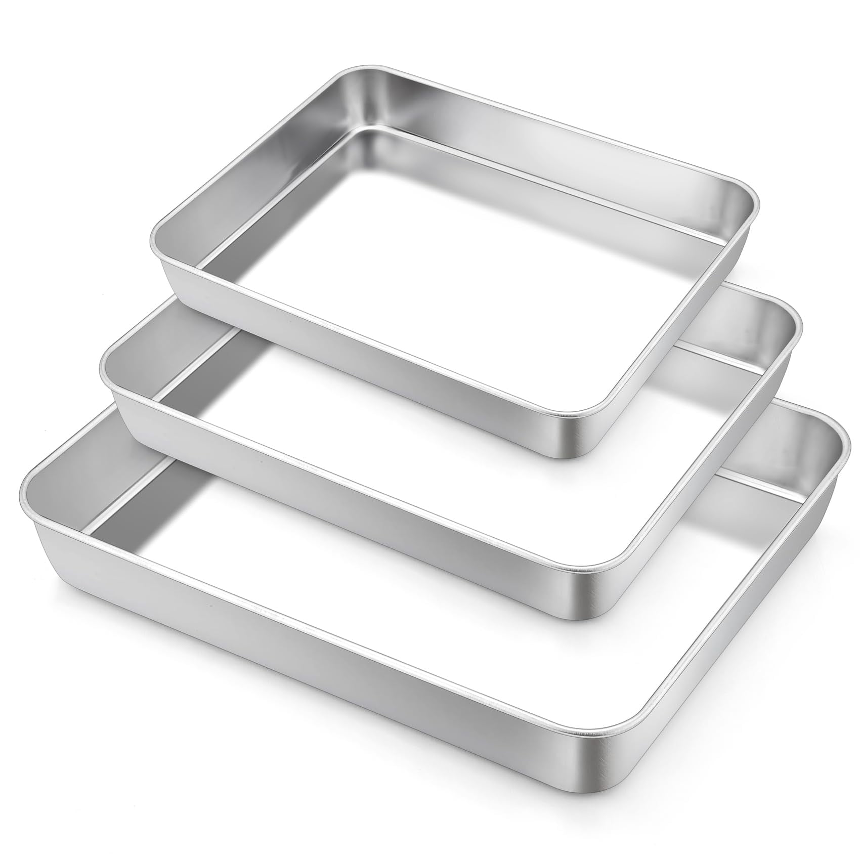 Baking Pan Set Of 3  Stainless Steel Deep Sheet Cake For Oven 12.5/10.5/9.4 Inch Rectangle Bakeware Bread/lasagna/brownie/casserole & Heavy-duty Dishwasher Safe