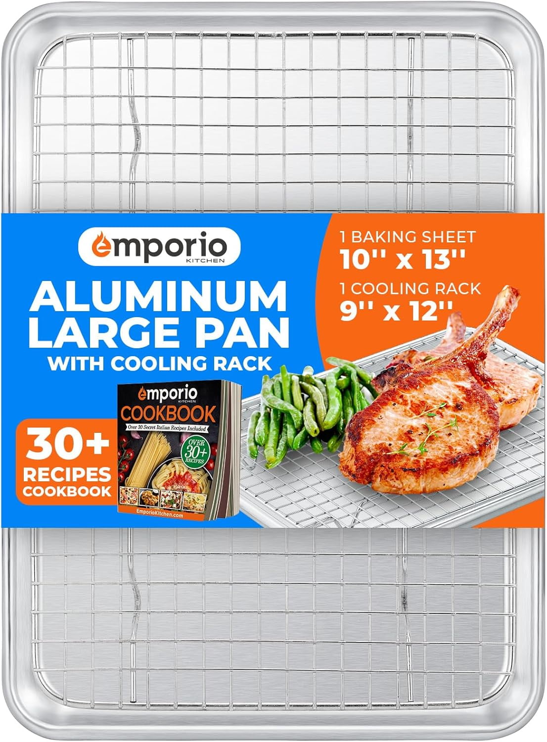 Baking Pan Set - 9" x 13" Aluminum Baking Pan with Stainless Steel Cooling Rack Set, Recipe Booklet Included, Oven Safe Tray, Resist Heat Up to 500° F, Set of 2