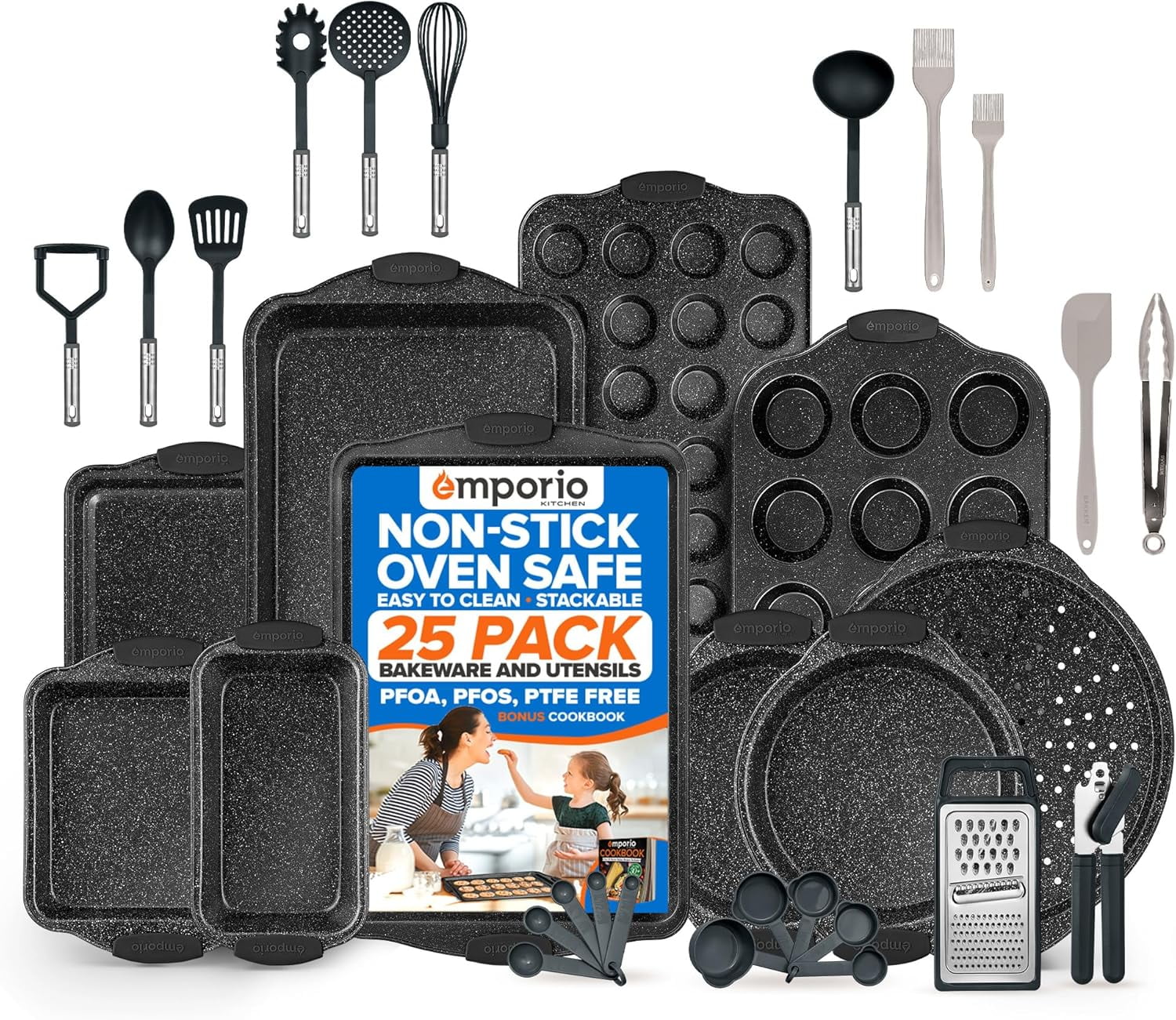 Baking Pan Set - Nonstick Coating, Carbon Steel Bakeware Set with Gray Silicone Handles, Recipe Booklet Included, Oven Safe Tray (Up to 450° F), Set of 25 - Gray