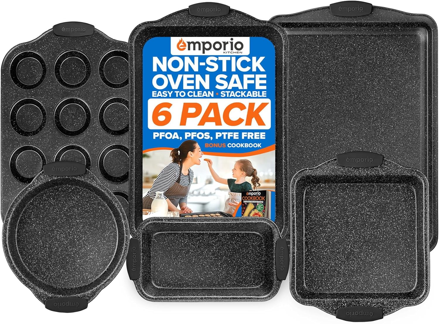 Baking Pan Set - Nonstick Coating, Carbon Steel Bakeware Set with Gray Silicone Handles, Recipe Booklet Included, Oven Safe Tray (Up to 450° F), Set of 6 - Gray