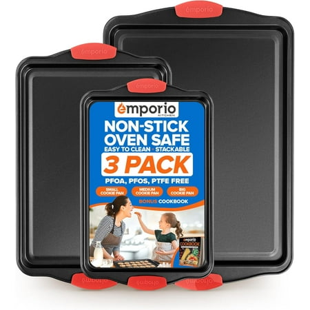 Baking Pan Set - Nonstick Coating, Carbon Steel Bakeware Set with Red Silicone Handles, Recipe Booklet Included, Oven Safe Tray (Up to 450° F), Set of 3 - Black