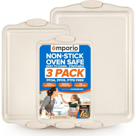 Baking Pan Set - Nonstick Coating, Carbon Steel Bakeware Set with White Silicone Handle, Recipe Booklet Included, Oven Safe Tray (Up to 450° F), Set of 3 - White