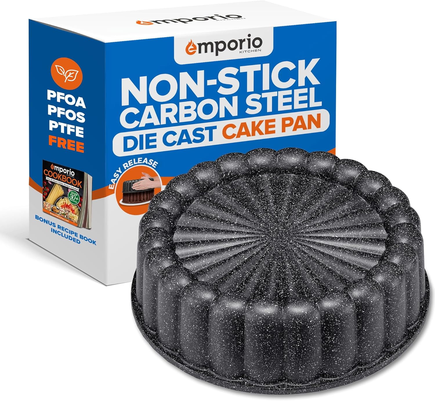 Baking Pan - Two-Layered Nonstick Gray Marble Coating, DieCast Aluminum Fluted Cake Pan, Oven Safe (Up To 450° F), Recipe Booklet Included, Classic Pan, Gray