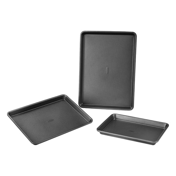 Baking Pans Set, 3-Piece Nonstick Carbon Steel Bakeware - Cookie Cake Bread Pans with Silicone Handles - Stackable Oven Trays for Home Baking
