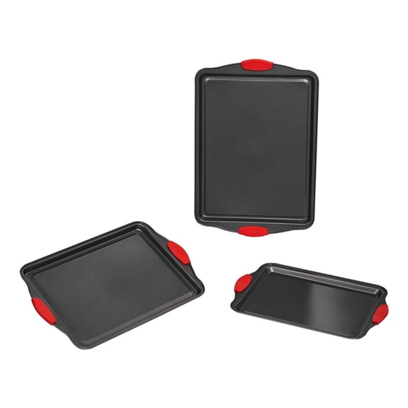 Baking Pans Set 3-Piece, Nonstick Carbon Steel Bakeware, Stackable Oven Trays for Cookie Cake Bread, Silicone Handles, Easy Clean
