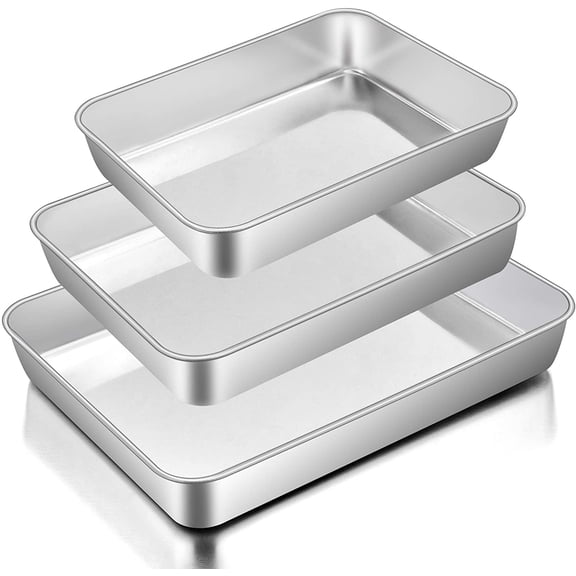 Baking Pans Set of 3, Stainless Steel Sheet Cake Pan for Oven - 12.5/10.5/9.4Inch, Rectangle Bakeware Set for Cake Lasagna Brownie Casserole Cookie, Non-toxic & Healthy, Dishwasher Safe
