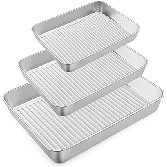 Baking Pans Set of 3, Stainless Steel Sheet Cake Pan for Oven - 12.5/10.5/9.4Inch, Rectangle Textured Pan Tray Set for Lasagna Brownie Casserole Cookie, Non-toxic & Healthy, Dishwasher Safe
