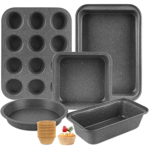 Baking Pans Set, 5 Piece Grey Marble Nonstick Bakeware with 100 Cupcake Liners Stackable Carbon Steel Set for Small Kitchens, Apartments, Home Baking and Gifts