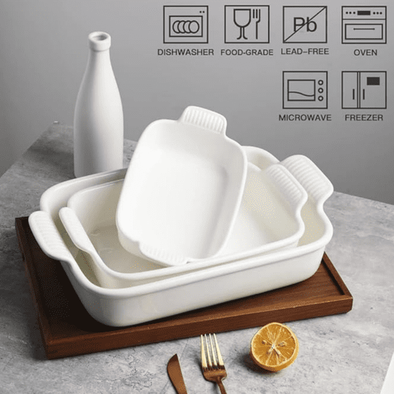 Baking Pans Set, Ceramic 9x13 Baking Dish with Handle, Rectangular Casserole Dishes for Oven, Bakeware Sets of 3, Durable Lasagna Pan Deep for Kitchen, Banquet, Wedding Gift(White)