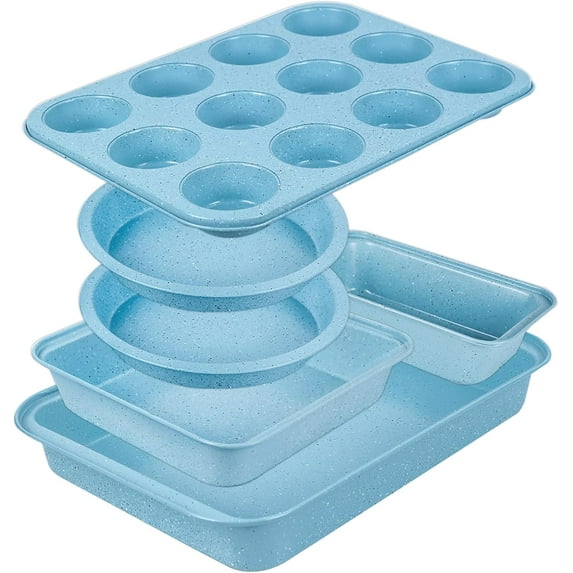 Baking Pans Set Non Stick, Bakeware Sets Stackable, Oven Safe, Steel Supplies for Home Baking, Roasting, Easy to Release, Sturdy Bake Gifts Holiday, Blue, 6 Pieces