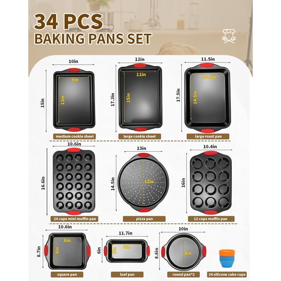 Baking Pans Set with Silicone Handles, 34 PCS Nonstick Bakeware Sets