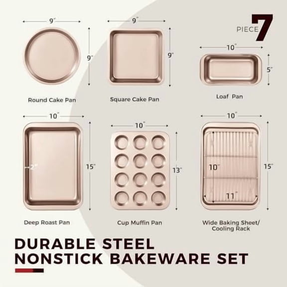 Baking Pans Sets, Nonstick Bakeware Set 7-Piece with Round/Square Cake Pan, Loaf Pan, Muffin Pan, Cookie Sheet, Roast Pan, Cooling Rack & Silicone Oven Mitts, Carbon Steel Bake Set,Gold