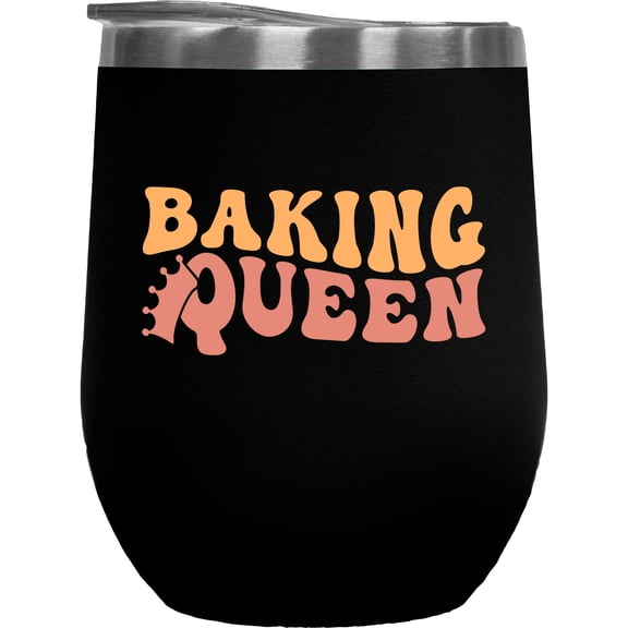 Baking Queen, Pastry Chef, Baker or Home Cook Themed, Groovy Retro Wavy Text Merch Gift, Black 12oz Wine Tumbler