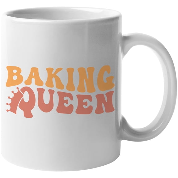 Baking Queen with Crown, Title for Baker, Pastry Chef or Cook, Groovy Retro Wavy Text Merch Gift, White 11oz Ceramic Mug