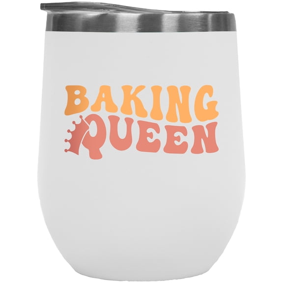 Baking Queen with Crown, Title for Baker, Pastry Chef or Cook, Groovy Retro Wavy Text Merch Gift, White 12oz Wine Tumbler