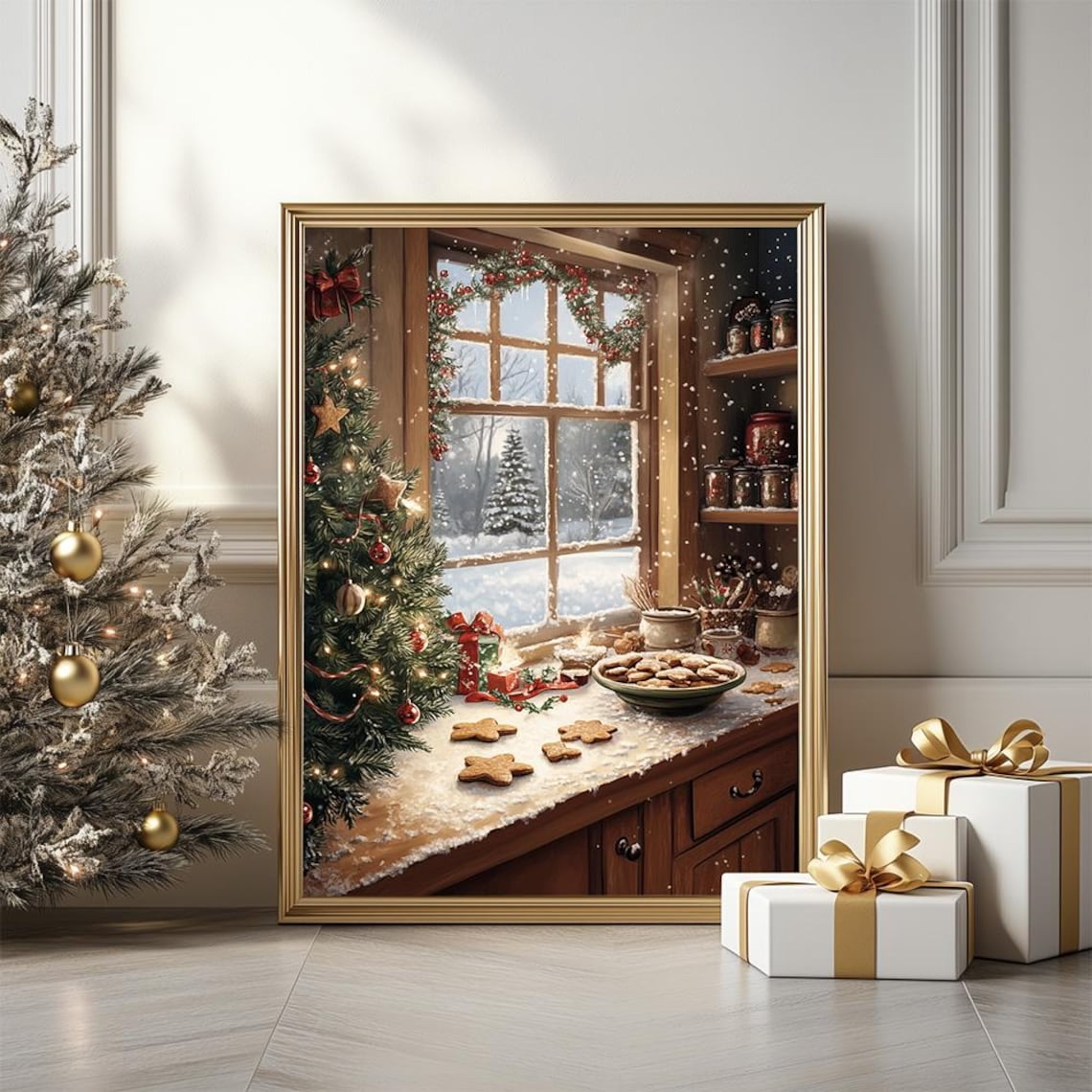 Baking Scene Poster, Cozy Cottage Kitchen Art, Rustic Winter Cookie ...