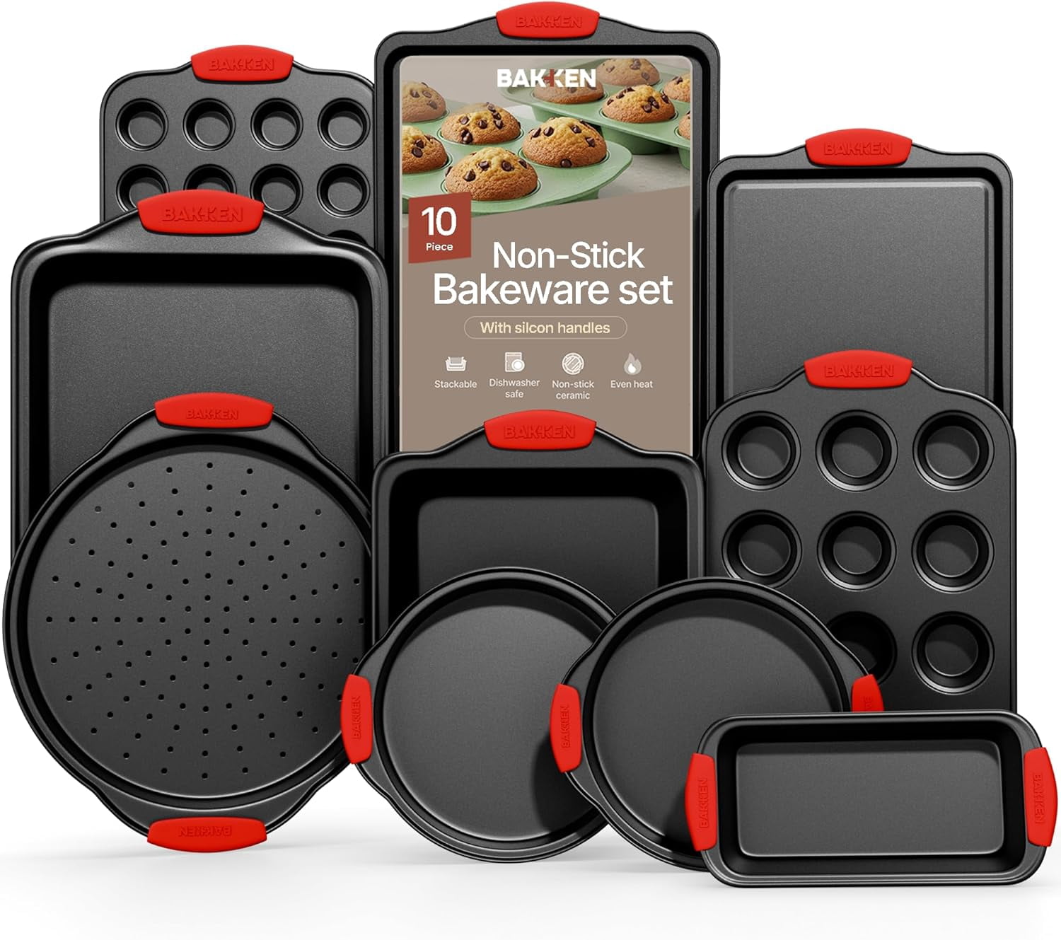 Bakken- Swiss Baking Set – 10 Piece Kitchen Oven Bakeware Set – Deluxe Non-Stick Blue Coating Inside and Outside – Carbon Steel – Red Silicone Handles by Bakken
