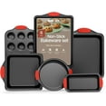 thumbnail image 1 of Baking Set – 6 Piece Kitchen Oven Bakeware Set – Deluxe Non-Stick Black Coating Inside and Outside – Carbon Steel – Red Silicone Handles –Bakken, 1 of 9