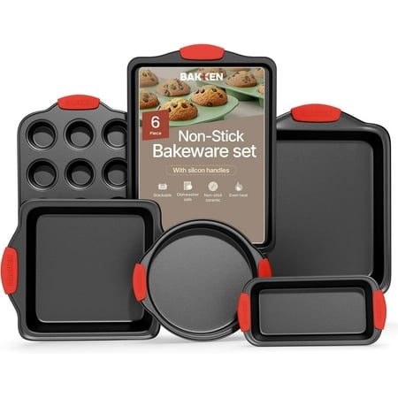 Baking Set – 6 Piece Kitchen Oven Bakeware Set – Deluxe Non-Stick Black Coating Inside and Outside – Carbon Steel – Red Silicone Handles –Bakken