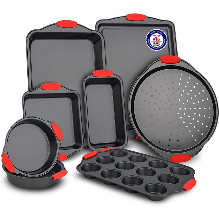 NutriChef 10-Piece Non-Stick Kitchen Oven Baking Pans - Steel Bakeware Set  with Red Silicone Handles