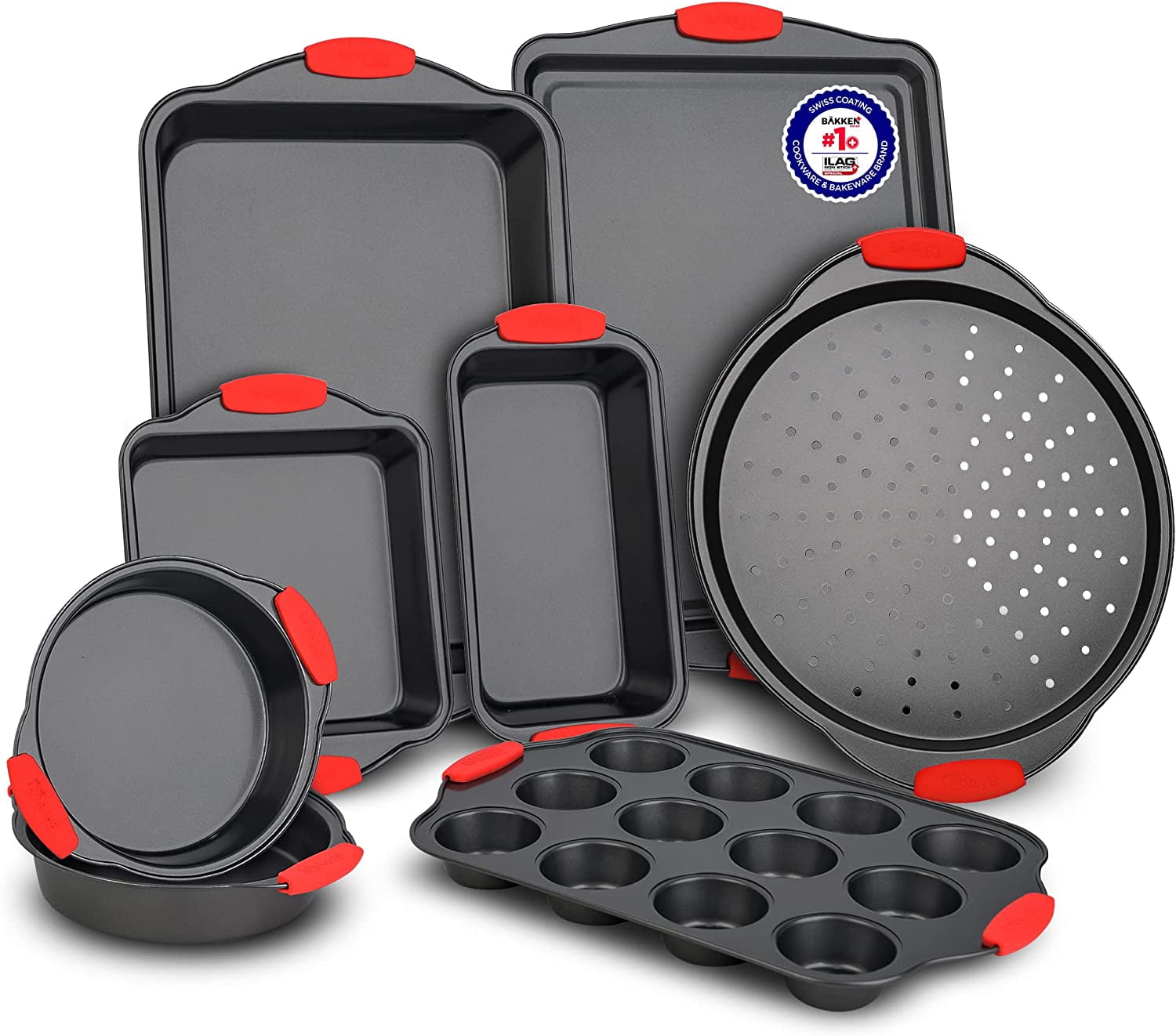 Deluxe 8-Piece Non-Stick Carbon Steel Bakeware Set with Red Silicone Handles