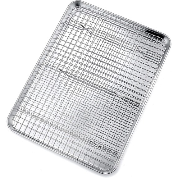 Baking Sheet with Cooling Rack Set(1 Pan+1 Rack) 16'', Stainless Steel Baking Pan with Wire Rack, Heavy Jelly Roll Sheet Pan&Bacon Rack for Oven Cooking, Cookie Sheet, 16 x 12 x 1 Inch