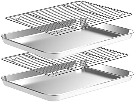 Baking Sheet and Cooling Rack Set (2 Baking Pans + 2 Baking Racks), Stainless Steel Cookie Sheet Baking Pan Tray for Toaster Oven, Non Toxic & Heavy Duty & Easy Clean, Size 16 x 12 x 1 Inches