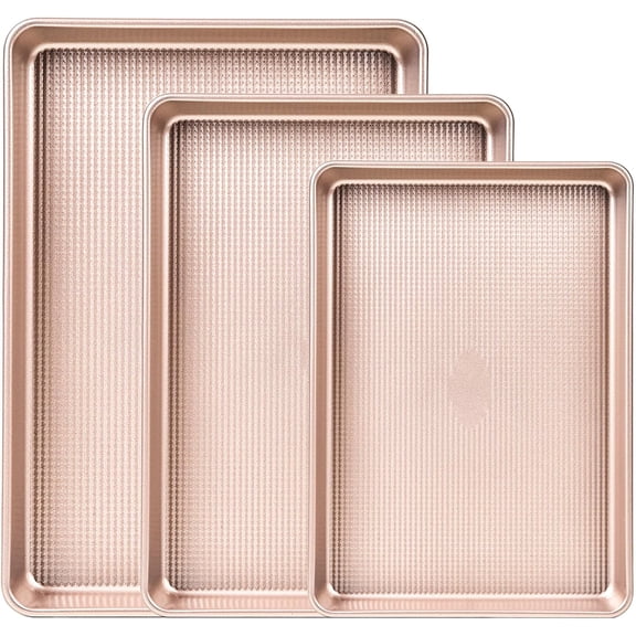 Baking Sheet Pan Set of 3, Champagne Gold Nonstick Cookie Sheets for Baking, Heavy-Duty Carbon Steel Baking Pans with Even Heat Distribution, Durable Baking Tray Set for Cookies & Roasting