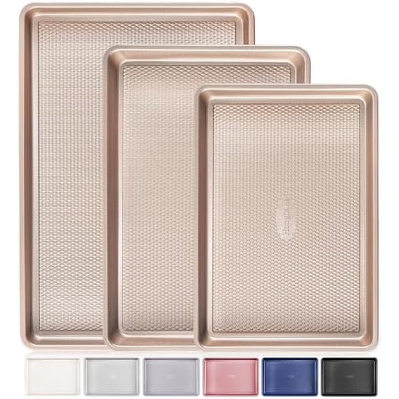 Baking Sheet Pan Set of 3, Cookie Sheets for Oven, Nonstick Half/Quarter/Jelly Roll Pans with Diamond Texture Pattern, 0.8mm Thick Heavy Duty Cookie Tray, Champagne Gold