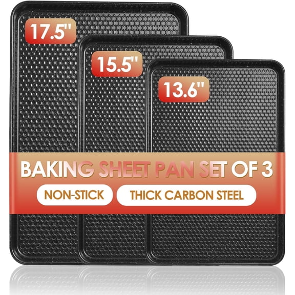 Baking Sheet Pan Set of 3, Nonstick Carbon Steel Cookie Sheets with Texture, Commercial Half/Quarter/Jelly Roll Pans Replacement Toaster Oven Tray, Heavy Duty & Easy Clean, Black